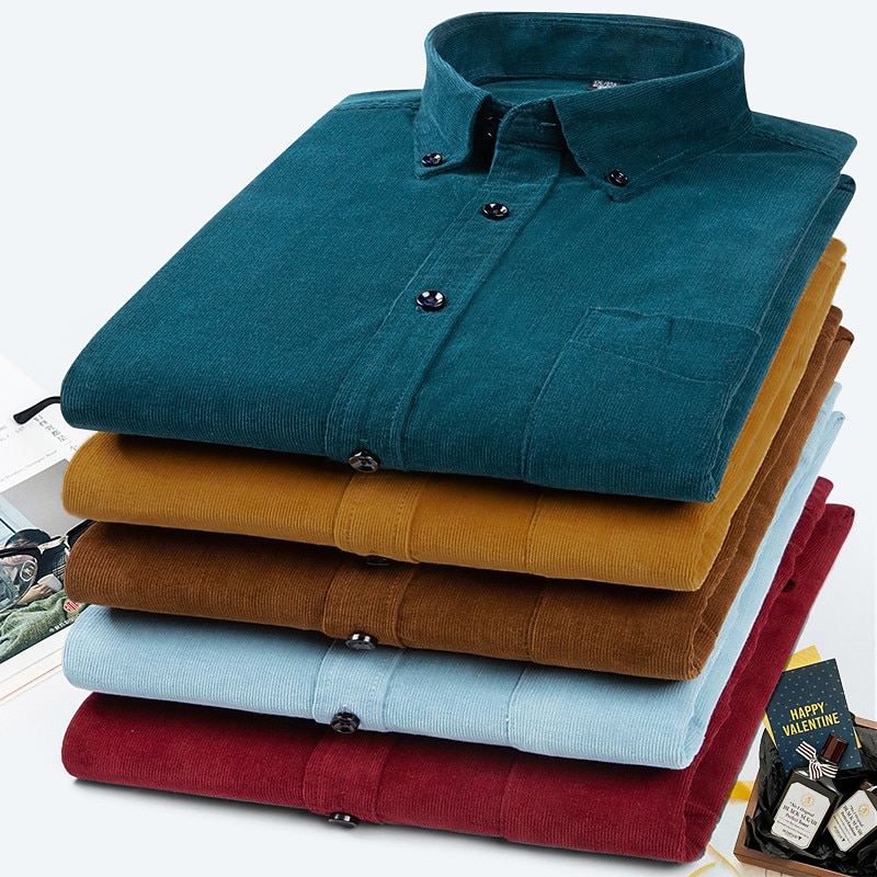 Men's Dress Shirt Button Down Shirt Collared Shirt Corduroy Shirt Plain Wedding Party Wine Black Yellow Brown Long Sleeve Turndown Winter Clothing Apparel Button-Down