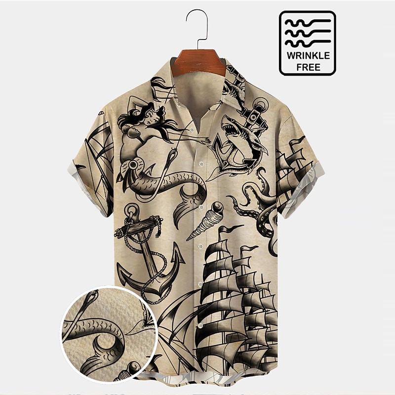 Men's Mermaid Anchor Shirt Button Up Shirt Short Sleeve Vintage Fashion Designer Outdoor Daily Holiday Summer Spring Turndown Print Button-Down Black+Black White Blue Sky Blue Green