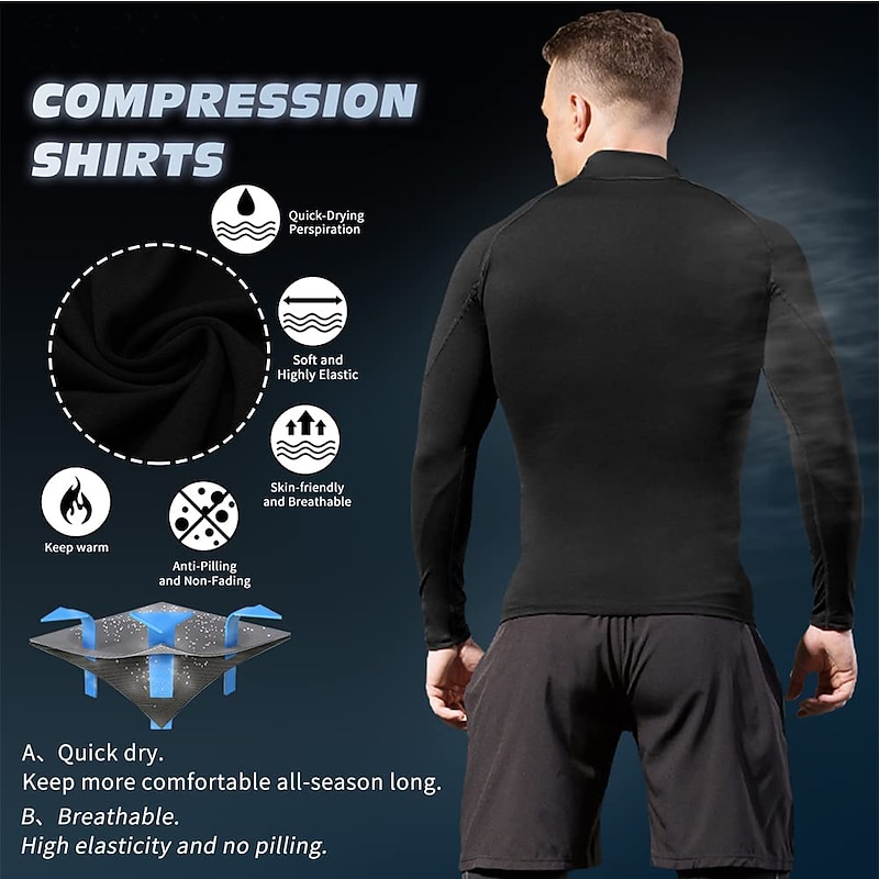 Men's Compression Shirt Running Shirt Long Sleeve Base Layer Summer Quick Dry Power Flex Moisture Wicking Breathable Gym Workout Running Fitness Sportswear Activewear Dark Grey Black White3