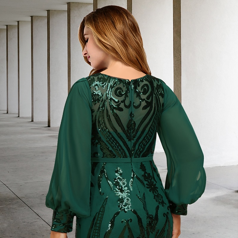 Mermaid Plus Size Curve Mother of the Bride Dresses Elegant Dress Formal Wedding Guest Sweep / Brush Train Long Sleeve Jewel Neck Chiffon with Sequin free custom size 9