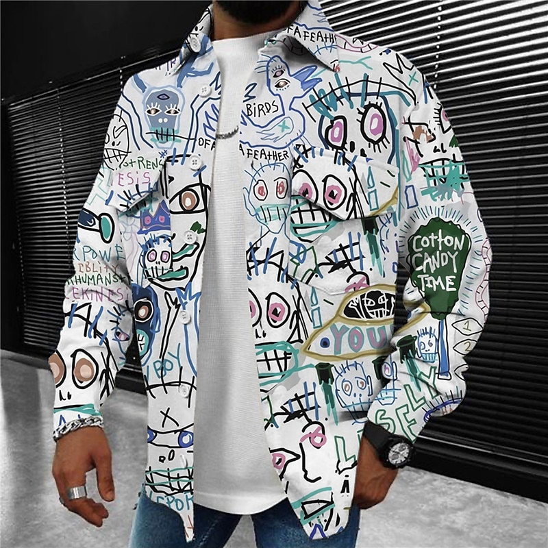 Men's Abstract Graffiti Shirt Shirt Jacket Overshirt Long Sleeve Sports Fashion Streetwear Outdoor Casual Daily Fall & Winter Turndown Print Button-Down Black White2