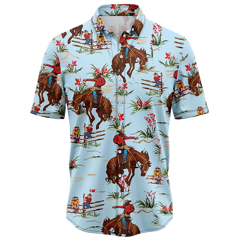 Kentucky Derby Men's Cowboy Shirt Summer Hawaiian Shirt Aloha Shirt Short Sleeves Shirt Turndown Vintage Tropical Fashion Street Casual Hawaiian Blue S M L