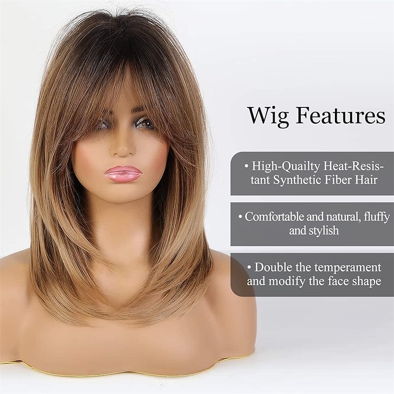 Dark Brown Wigs for Women Blonde Highlights Wig Natural Looking Short Wavy Bob Wig with bangs Medium Length Heat Resistant Synthetic Wig Daily Party Use3