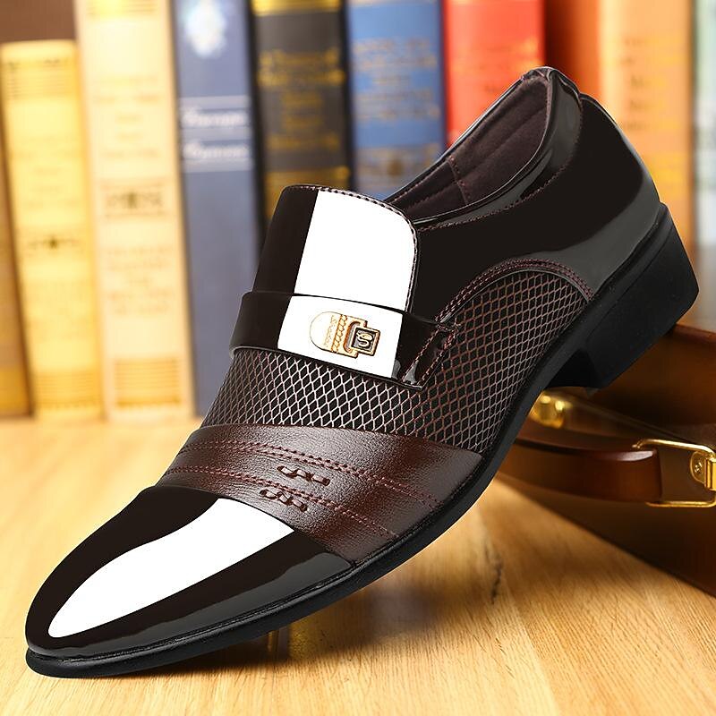 Men's Patent Faux Leather Dress Loafers – Formal Slip-On Shoes with Mesh Accents and Stylish Metal Buckle for Weddings and Business3