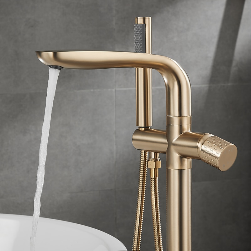 Bathtub Faucet Floor Mount Freestanding Tub Filler Brass High Flow Shower Faucets with Handheld Shower Mixer Taps Swivel Spout(Gun Grey/Brushed Golden)3