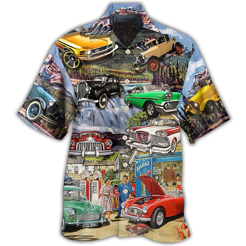 Men's Car Shirt Summer Hawaiian Shirt Aloha Shirt Short Sleeve Shirt Turndown Tropical Fashion Hawaiian Casual Hawaiian Holiday Red Blue Purple S M L3