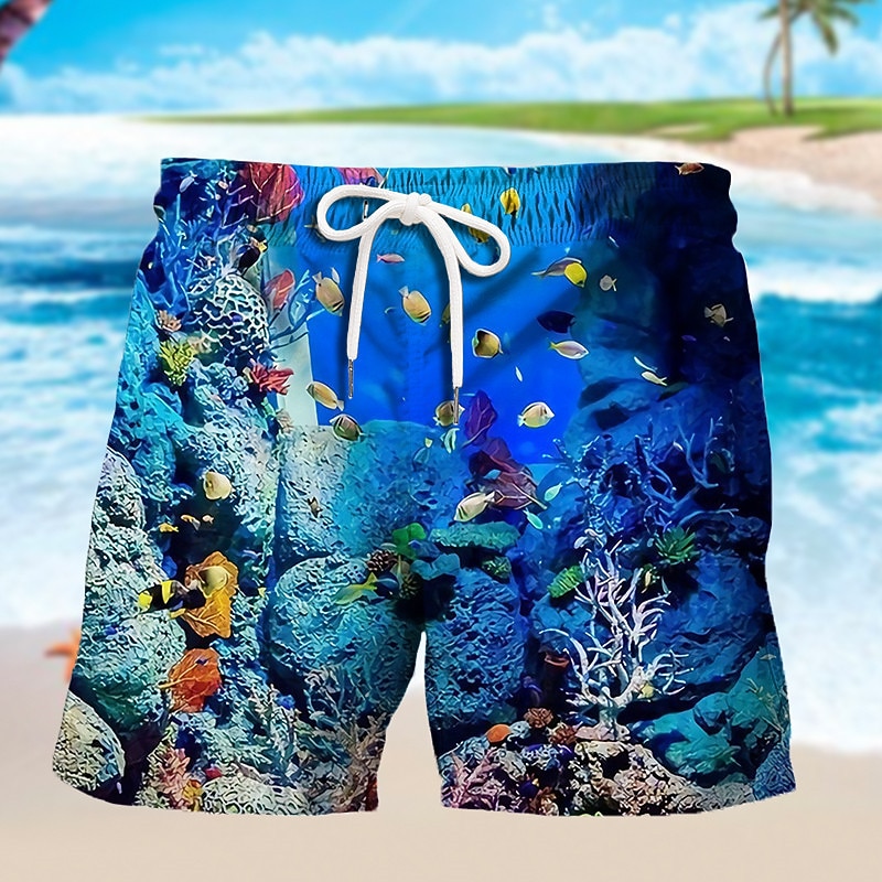 Men's Graphic Ocean Fish Swim Trunks Swim Shorts Board Shorts Mid Waist Hawaiian Designer Boho Holiday Beach Drawstring with Mesh lining Elastic Waist Designer Clothing Apparel