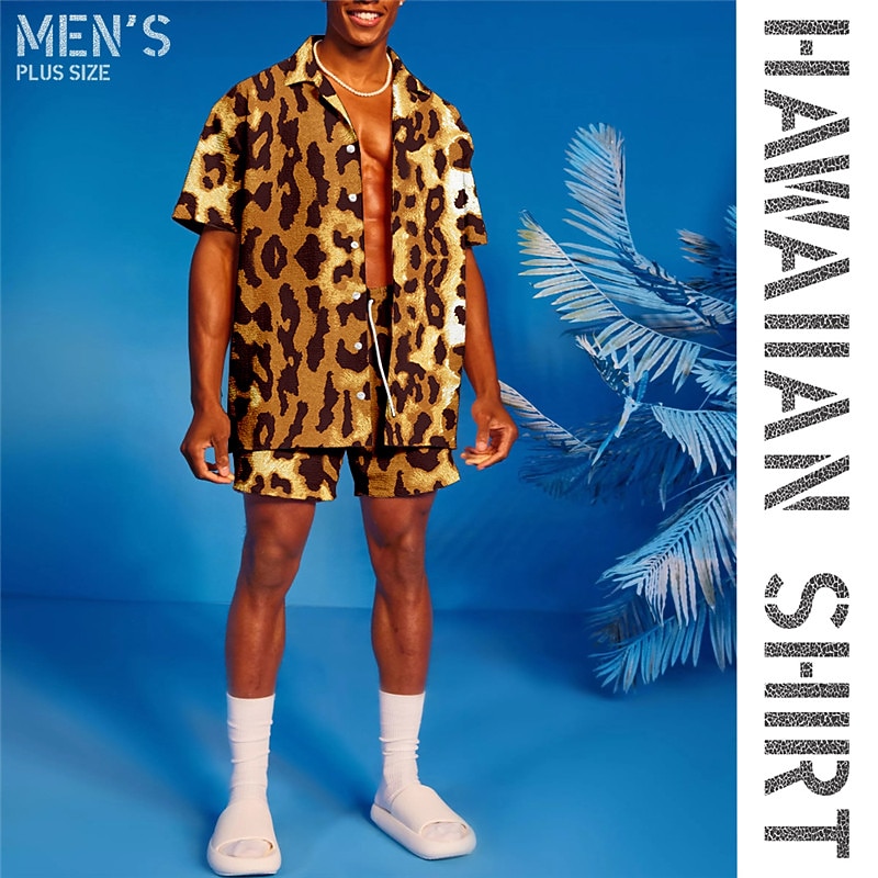 Men's Leopard 2pcs Shirts Sets Summer Hawaiian Shirt Short Sleeve Short Pants Turndown Tropical Hawaiian Casual Sports & Outdoor Beach Elastic Waist Buttons Print Spring & Summer Yellow Blue Purple