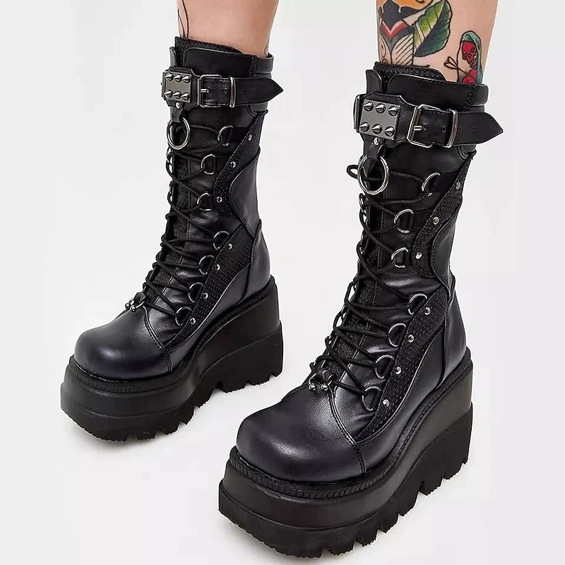 Women's Shoes Mid Calf Combat Boots Round-Toe Punk Lolita Punk & Gothic Chunky Heel Shoes Lolita Black White PU Leather