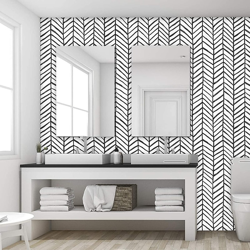 Cool Wallpapers Wall Mural Geometric Wallpaper Minimalist Herringbone Black White Peel and Stick Wallpaper Removable Pvc/Vinyl Self Adhesive 17.7"x118"(45cmx300cm)3