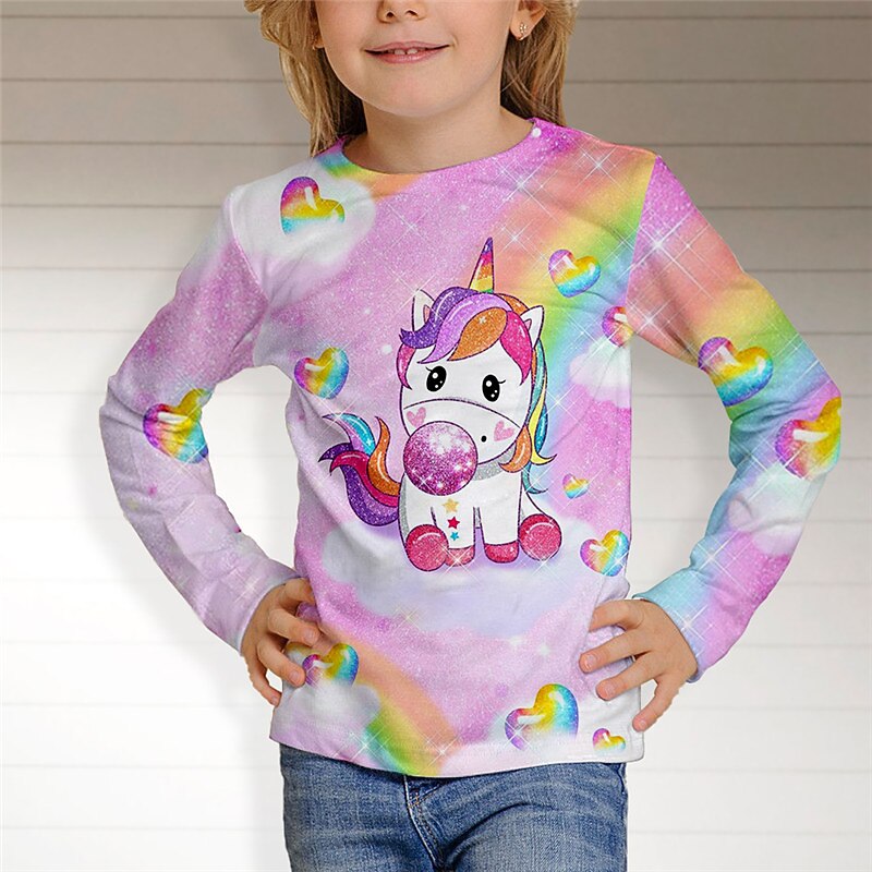 Kids Girls' T shirt Animal Casual 3D Printing Long Sleeve Crewneck Cute 7-13 Years Fall Multicolor White Pink3