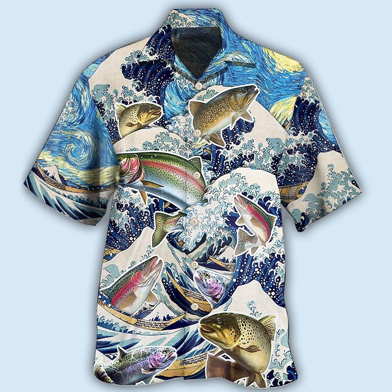 Men's Waves Graphic Prints Fish Shirt Summer Hawaiian Shirt Short Sleeve Shirt Turndown Casual Hawaiian Blue Print Button-Down Clothing Apparel Tropical Fashion Hawaiian Soft2