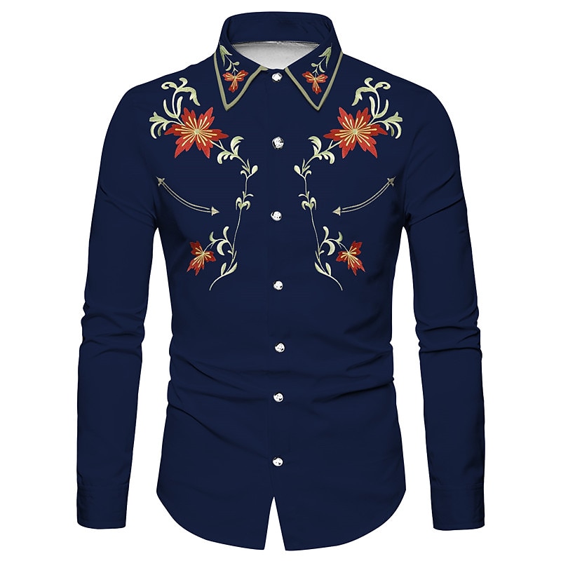 Men's Floral Graphic Prints Shirt Western Shirt Cowboy Shirt Long Sleeve Fashion Designer Casual Outdoor Daily Holiday Fall & Winter Turndown Print Button-Down Black Navy Blue2