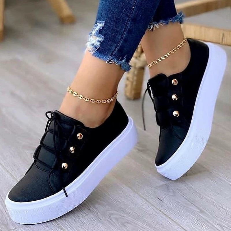 Women's White Platform Sneakers with Gold Button Details - Trendy Lace-Up Casual Shoes for Everyday Wear3
