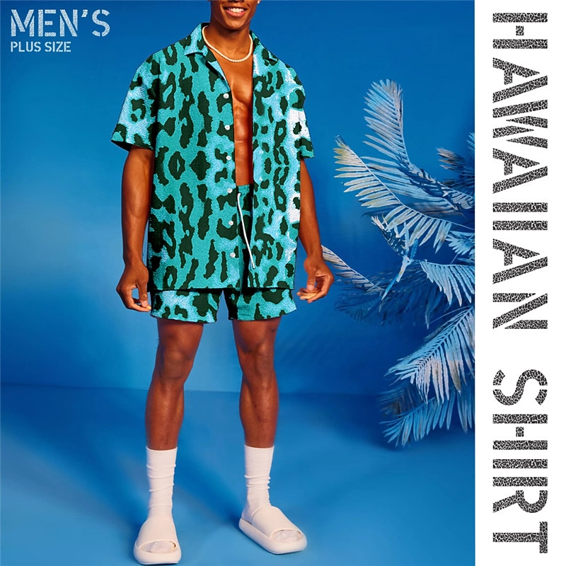 Men's Leopard 2pcs Shirts Sets Summer Hawaiian Shirt Short Sleeve Short Pants Turndown Tropical Hawaiian Casual Sports & Outdoor Beach Elastic Waist Buttons Print Spring & Summer Yellow Blue Purple2