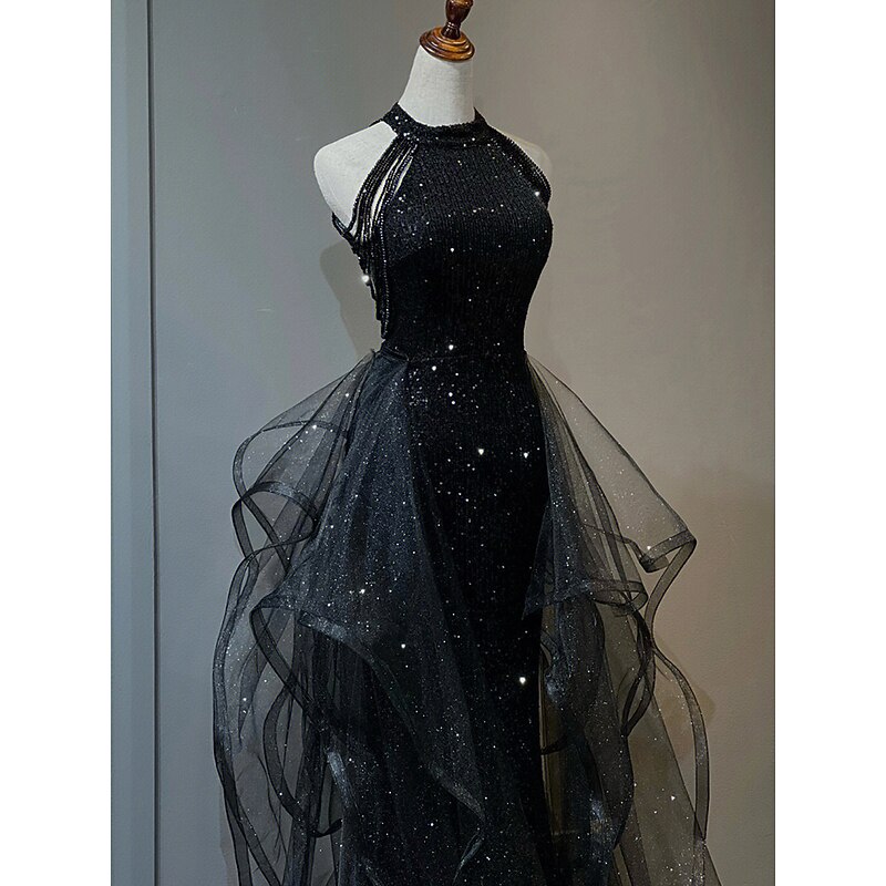 A-Line Prom Dresses Vintage Dress Wedding Guest Wedding Party Sweep / Brush Train Sleeveless Halter Neck Sequined with Crystals Sequin Ruffles Masquerade Dress2