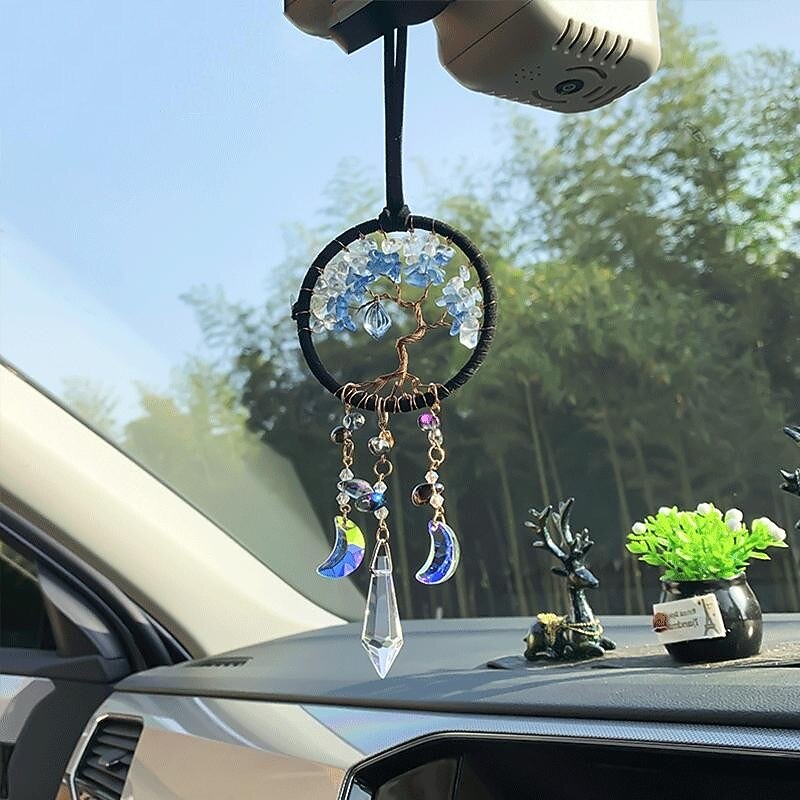 Life of Tree Sun Catcher Dream Catcher with Colorful Crystal Handmade Gift Wall Hanging Wind Chimes Car Hanging Home Pendant 7x35cm/2.76''x13.78''3