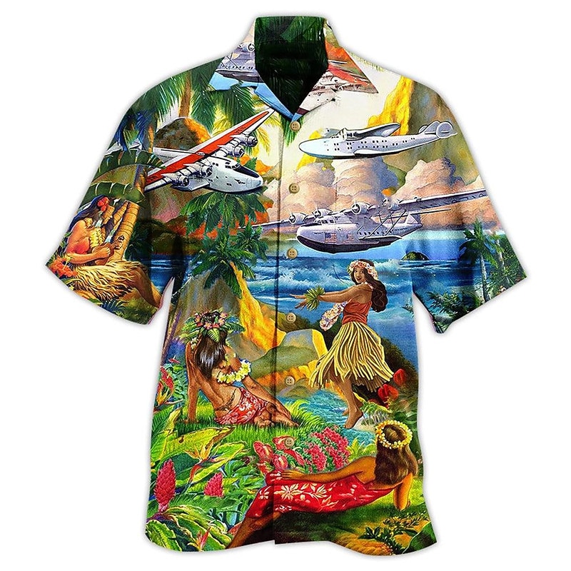 Men's Airplane Hula Girls Shirt Summer Hawaiian Shirt Aloha Shirt Short Sleeve Shirt Turndown Tropical Fashion Hawaiian Casual Hawaiian Holiday Blue S M L3