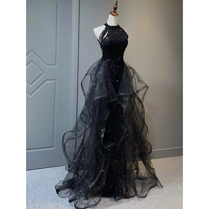 A-Line Prom Dresses Vintage Dress Wedding Guest Wedding Party Sweep / Brush Train Sleeveless Halter Neck Sequined with Crystals Sequin Ruffles Masquerade Dress - Main Image