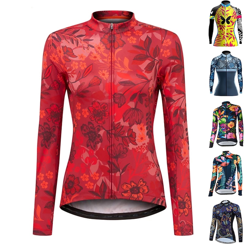 Women's Cycling Jersey Floral Botanical Long Sleeve Bike Jersey Top with 3 Rear Pockets Mountain Bike MTB Road Bike Cycling Quick Dry Reflective Strips Back Pocket Moisture Wicking Sports Yellow Red