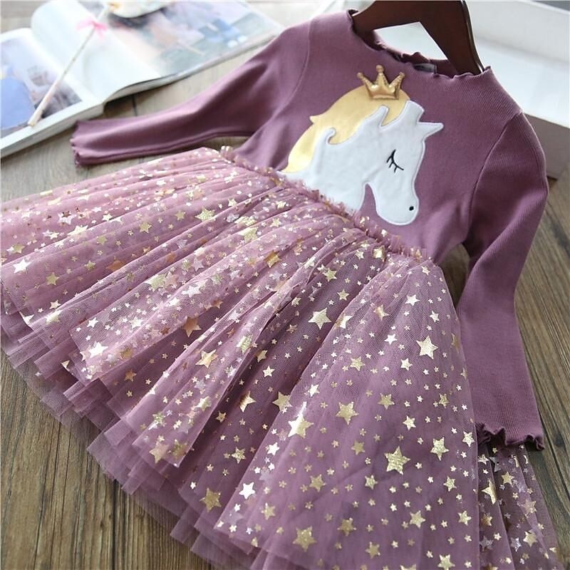 Kids Girls' Dress Animal Cartoon Long Sleeve Sequins Patchwork Basic Cotton Knee-length Tulle Dress 2-8 Years Black Pink Purple2