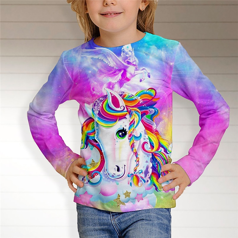 Kids Girls' T shirt Animal Casual 3D Printing Long Sleeve Crewneck Cute 7-13 Years Fall Multicolor White Pink2