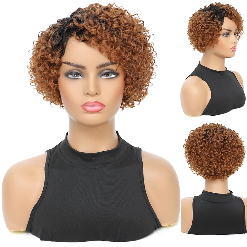 Curly Wig Blonde Human Hair Wigs 8 inch Short Bob Pixie Cut Brazilian Human Hair Wig Honey Blonde With Dark Roots Afro Kinky None Lace Front Wigs for Women Deep Wave Side Part Wig
