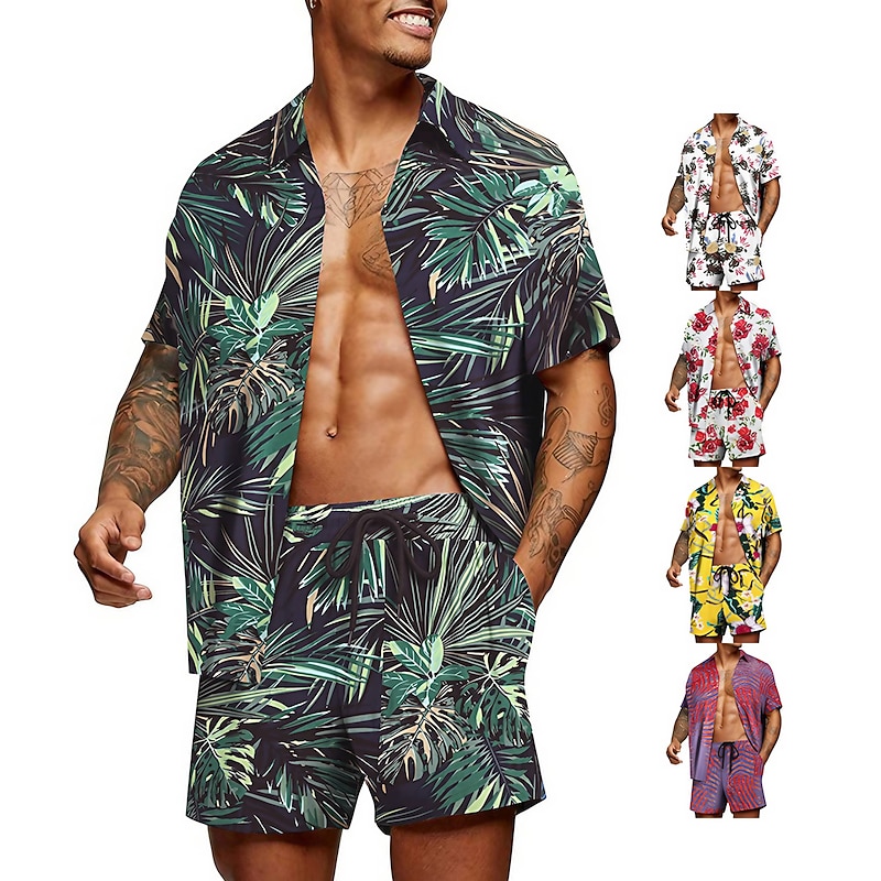Men's Graphic Palm Leaf Tropical Plants 2pcs Shirts Sets Summer Hawaiian Shirt Short Sleeve Short Pants Turndown Designer Beach Vacation Casual Daily 3D Summer Silver Red / White Green / Black