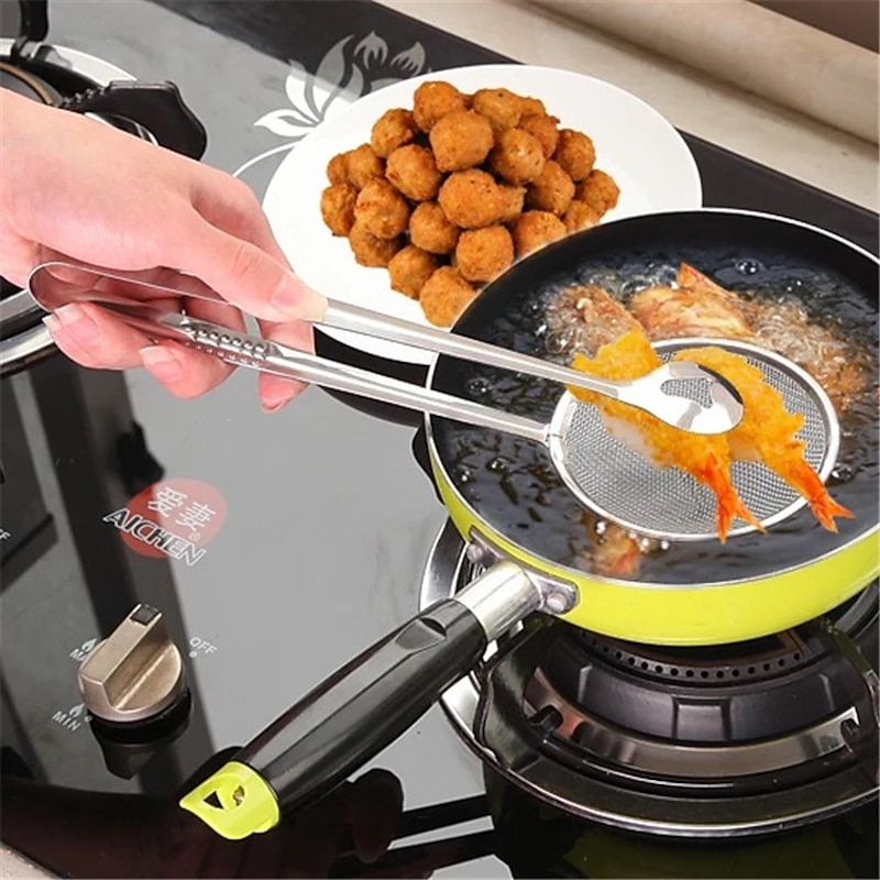 Stainless Steel Fine Mesh Strainer Tongs Oil Filter Spoon 2 in 1 Oil Skimmer Colander with Clip for Filter Oil-frying Multi-functional BBQ Filter Clamp Strainer Kitchen Tools (Oil Filter Tongs)3