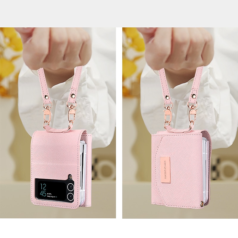 Phone Case For Samsung Galaxy Z Flip 6 Z Flip 5 Z Flip 4 Z Flip 3 Wallet Case Bumper Frame Full Body Protective with Wrist Strap Solid Colored PU Leather4