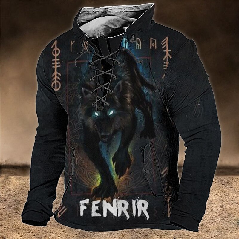 Men's Animal Wolf Graphic Prints Sweatshirt Pullover Long Sleeve Sweatshirt Standing Collar Streetwear Designer Basic 3D Print Sports & Outdoor Casual Daily Lace up Spring &  Fall