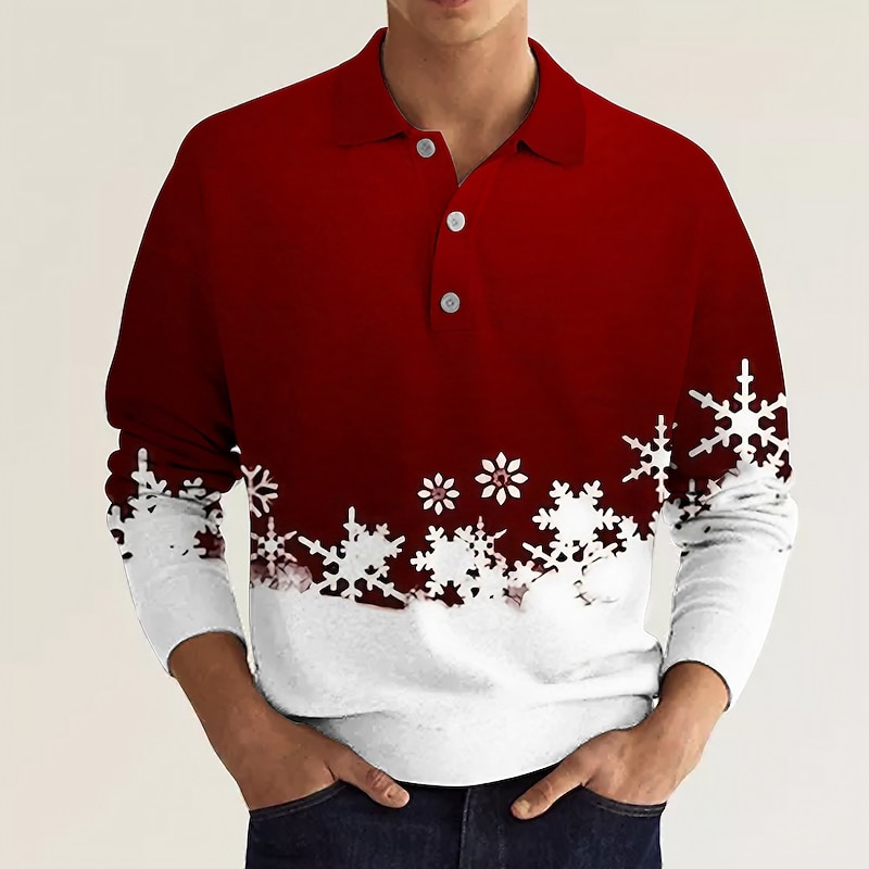 Christmas Men's Christmas Scene 3D Polo Xmas Golf Graphic Prints Snowflake Turndown Wine Blue Brown Green Gray 3D Print Street Casual Long Sleeve Button-Down Print Clothing Apparel Fashion