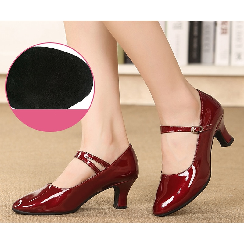 Women's Modern Shoes Dance Shoes Practice Ballroom Dance Waltz Comfort Shoes Softer Heel Buckle Thick Heel Closed Toe Buckle Adults' Silver Black Dark Red3