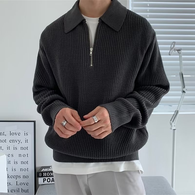 Men's Sweater Zip Sweater Pullover Polo Sweater Pullover Ribbed Knit Tunic Half Zip Knitted Plain Turndown Keep Warm Modern Contemporary Work Daily Wear Clothing Apparel Fall & Winter Black Khaki M L