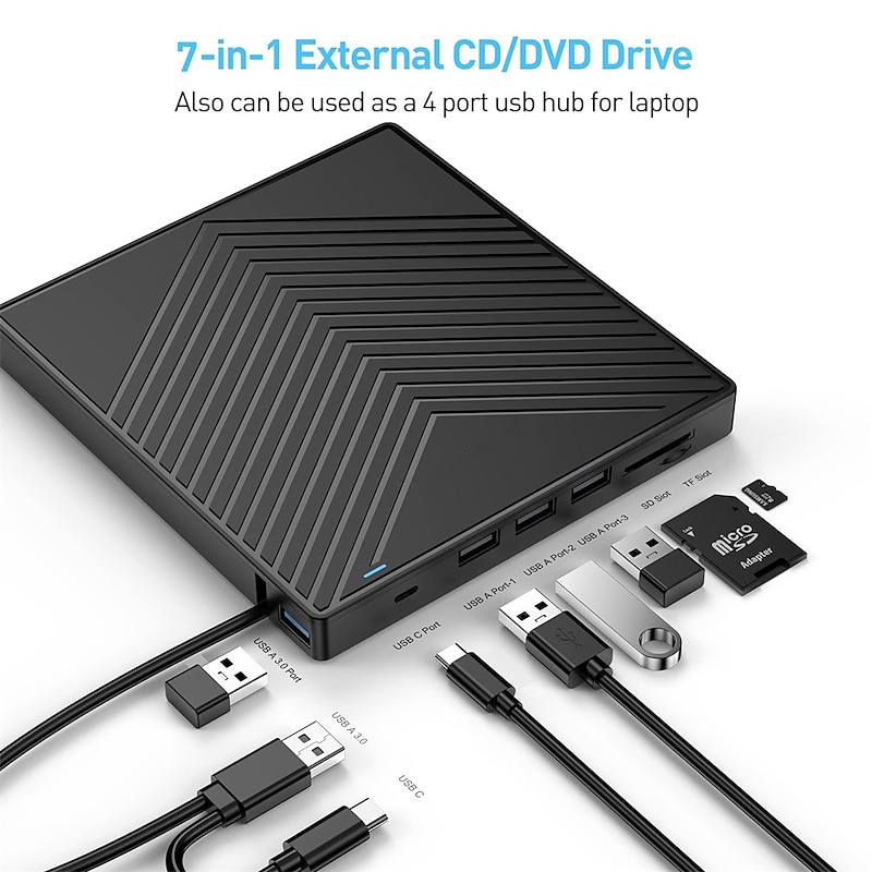 External CD DVD Drive 7 in 1 Ultra Slim CD Burner USB 3.0 with 4 USB Ports and 2 TF/SD Card Slots Optical Disk Drive for Laptop Mac PC Windows 11/10/8/7 Linux OS3