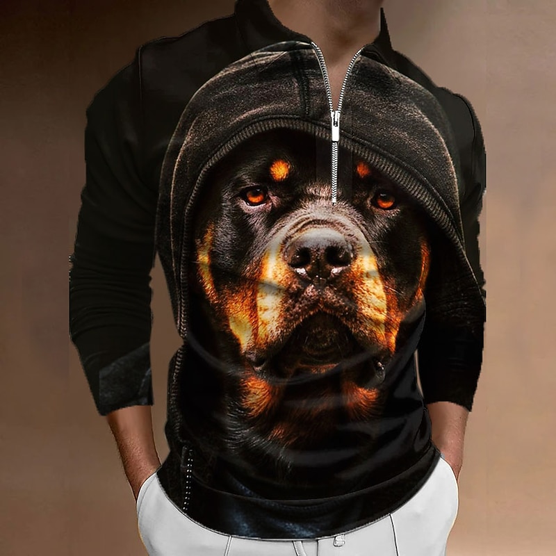 Men's Dog Zip Polo Shirts Golf Shirt Long Sleeve Polo Shirts Collared Shirts Casual Funny Streetwear Vacation Wear Party Outfits 3D Print Quarter Zip Polo Black Yellow Black / Brown4