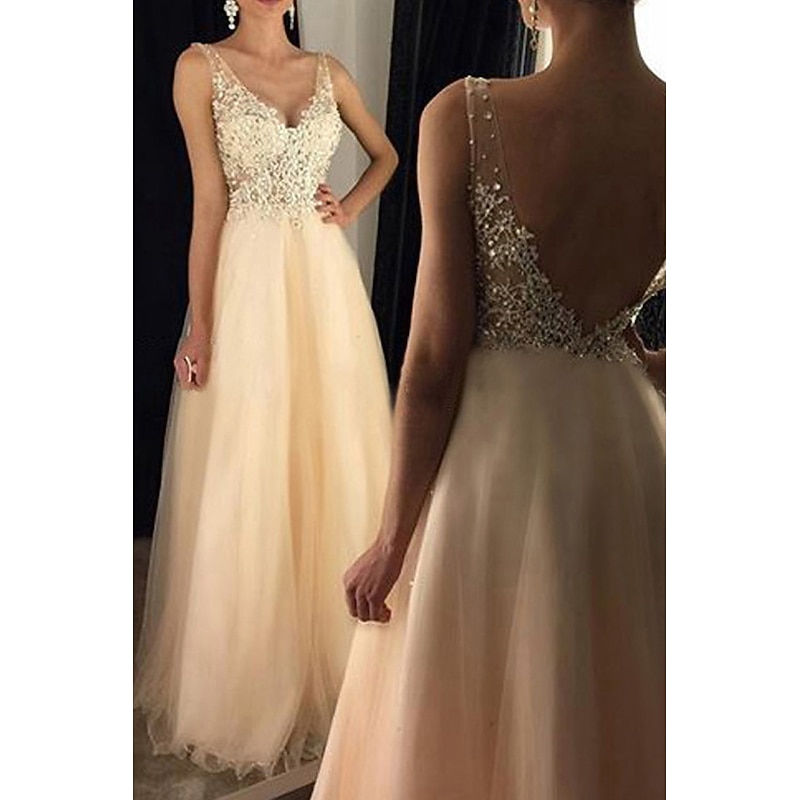 A-Line Gold Prom Dresses Sequin Dress Formal Wedding Guest Floor Length Sleeveless V Neck Tulle V Back with Beading Appliques
