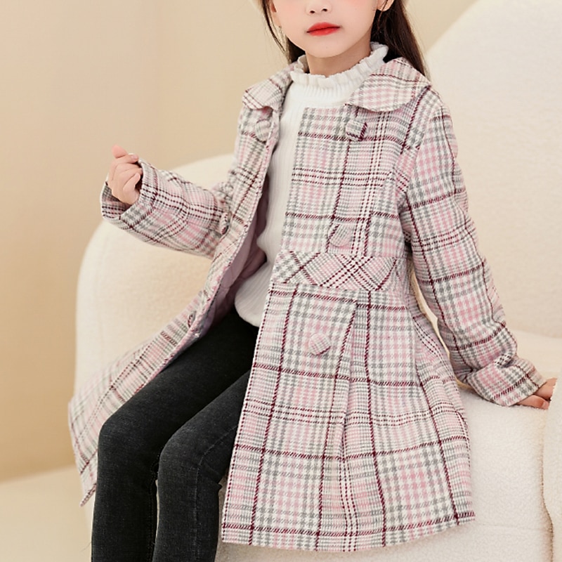 Kids Girls' Children's Day Woolen Coat Short Sleeve Pink Plaid Fur Trim Winter Cute Outdoor 7-13 Years