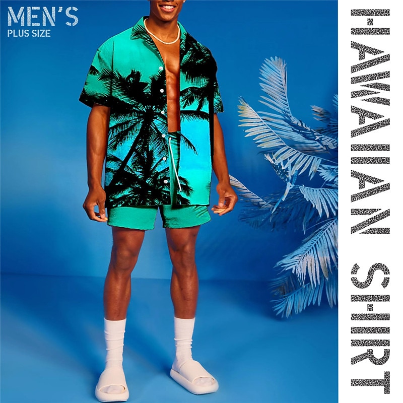 Men's Coconut Tree Graphic Prints Shirts Sets Shirt Set Summer Hawaiian Shirt Short Sleeves Turndown Tropical Hawaiian Casual Vacation Sports & Outdoor Street Elastic Waist Buttons Print Spring2
