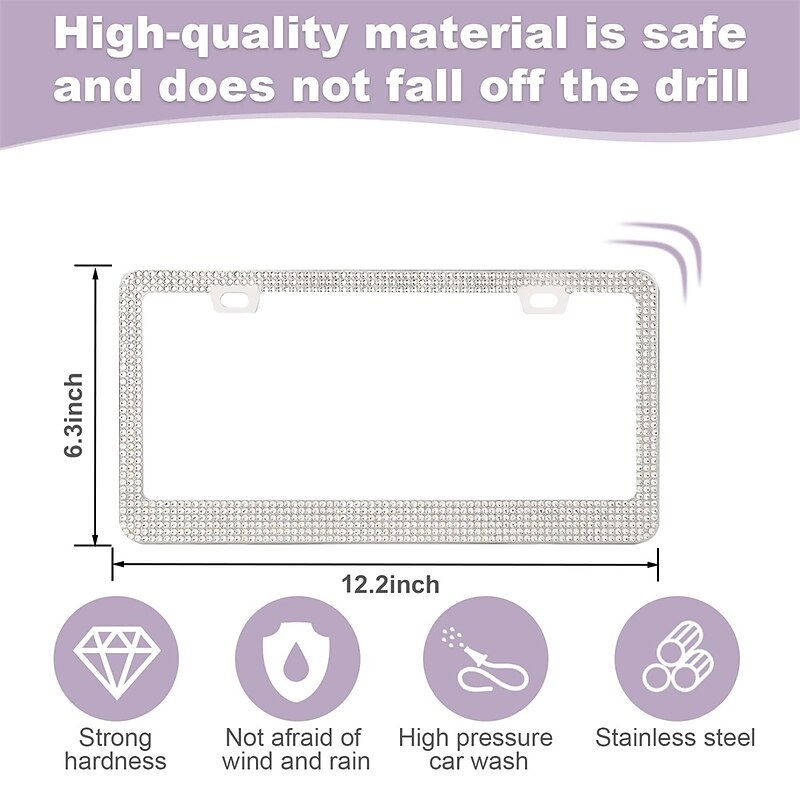 2 Pack Bling License Plate Frames for Women Sparkly Rhinestone Diamond Car Accessories for Women Handcrafted Stainless Steel Car License Plate Cover with Glitter Crystal Caps4
