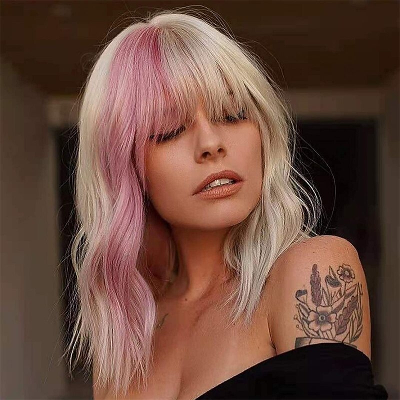 Short Blonde Wig Highlight Pink Wigs With Bangs Women's Blonde Mixed Pink Bob Wig Curly Wavy Synthetic Cosplay Wig Shoulder Length Wig for Girl's Halloween Cosplay Party Wigs