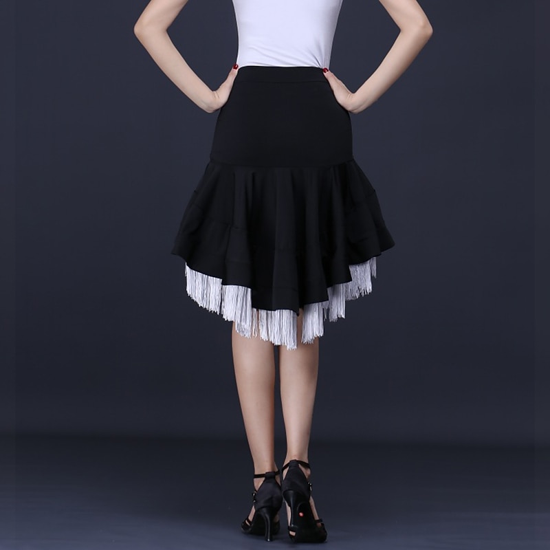 Latin Dance Skirts Fringed Tassel Ruching Pure Color Women's Performance Training High Polyester4