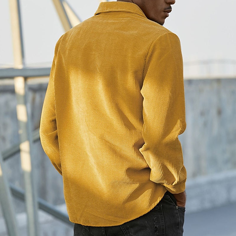 Men's Summer Shirt Casual Shirt Corduroy Shirt Yellow Red & White Long Sleeve Plain Lapel Outdoor Daily Wear Button Clothing Apparel Casual Comfort2