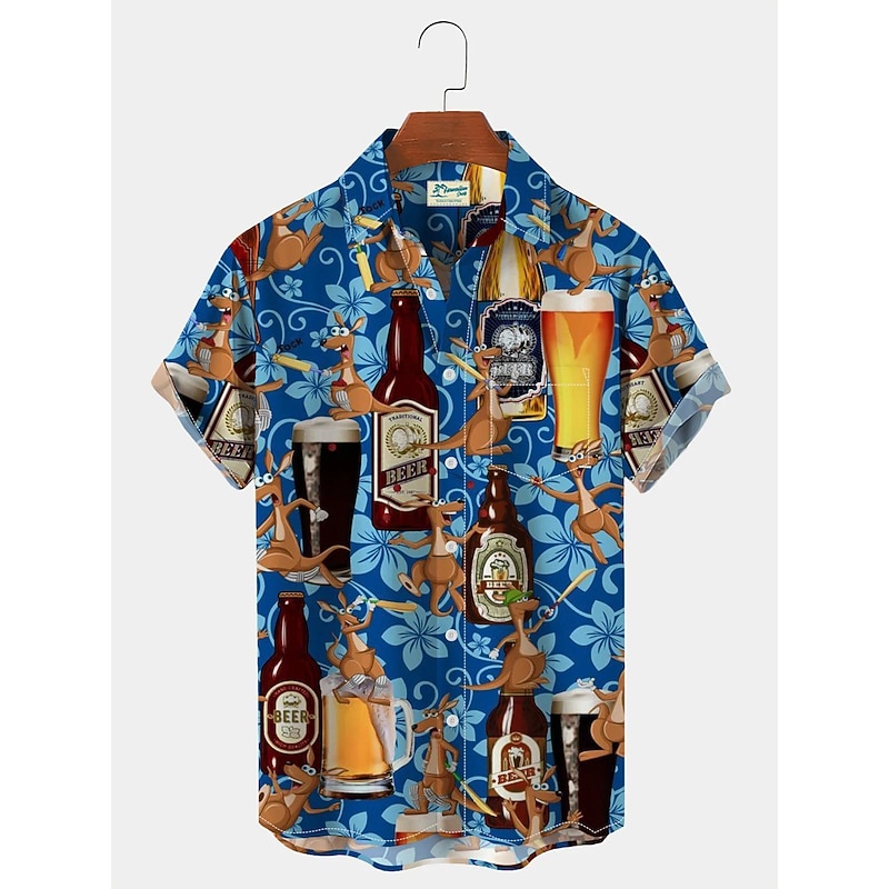 Men's Beer Wine bottle Shirt Button Up Shirt Short Sleeve Fashion Designer Casual Outdoor Casual Daily Summer Spring Turndown Print Button-Down Blue