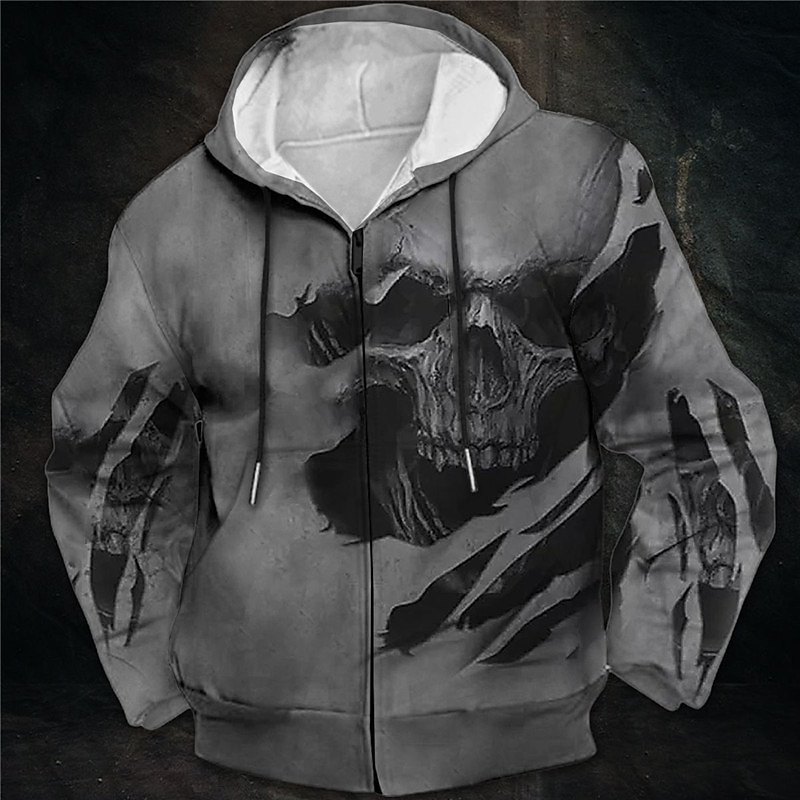 Men's Skull Graphic Prints Hoodie Hoodies Sweatshirt Streetwear Designer Long Sleeve Hooded Sports & Outdoor Daily Sports Wine Red Zipper Print Spring &  Fall Designer