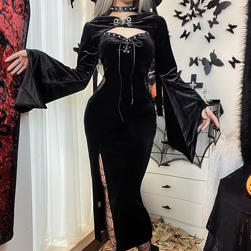Punk & Gothic Sexy Costume Dress Cosplay Costume Slit Dresses Bell Sleeve Morticia Addams Fancy Dress Women's Fantasy Halloween Carnival Masquerade Party / Evening Club Adults' Dress2