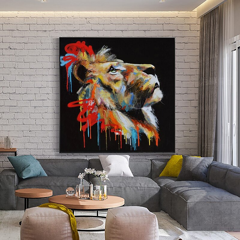 Handmade Oil Painting Canvas Wall Art Decoration Modern Animal Lion Looking Up for Home Decor Rolled Frameless Unstretched Painting