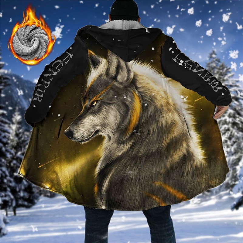 Men's Winter Coat Fleece Jacket Coat Sports & Outdoor Daily Wear Warm Breathable Zipper Pocket Fall & Winter Animal Wolf Fashion Streetwear Hoodie Long Regular Fit Black Yellow Blue Purple Green