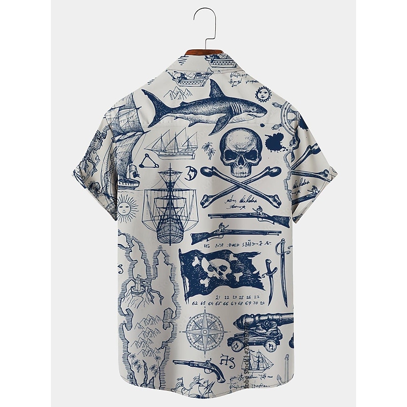 Men's Nautical Shirt Button Up Shirt Short Sleeve Vintage Fashion Designer Outdoor Casual Holiday Summer Spring Turndown Print Button-Down White Yellow Light Green Pink Black / Brown2