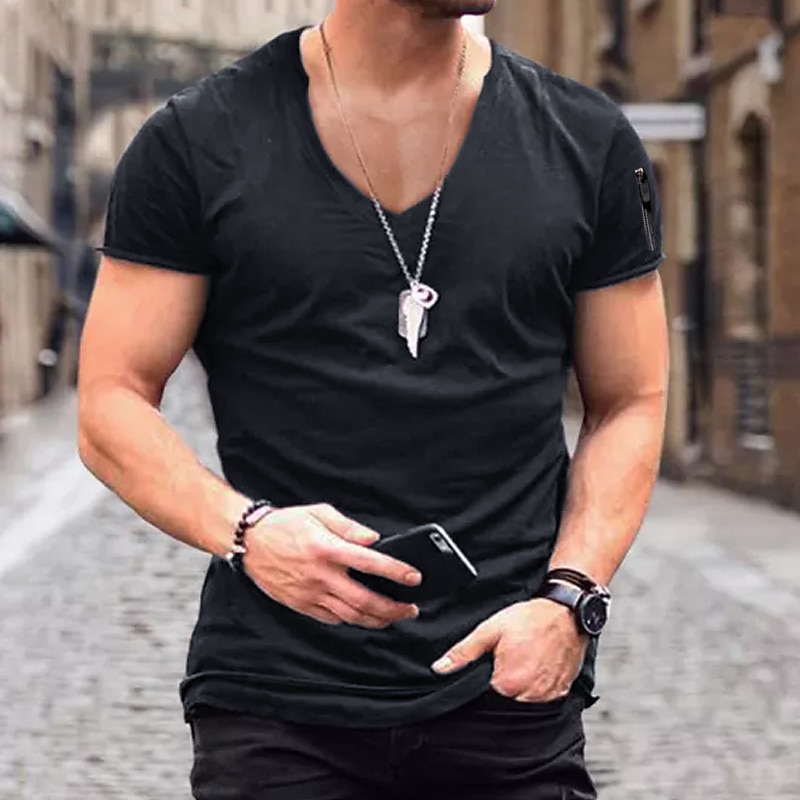 Men's T Shirt Short Sleeve V Neck Spring & Summer Plain Fashion Streetwear Pink Sports & Outdoor Sport Going out Black White Pink Top Tee for Men3